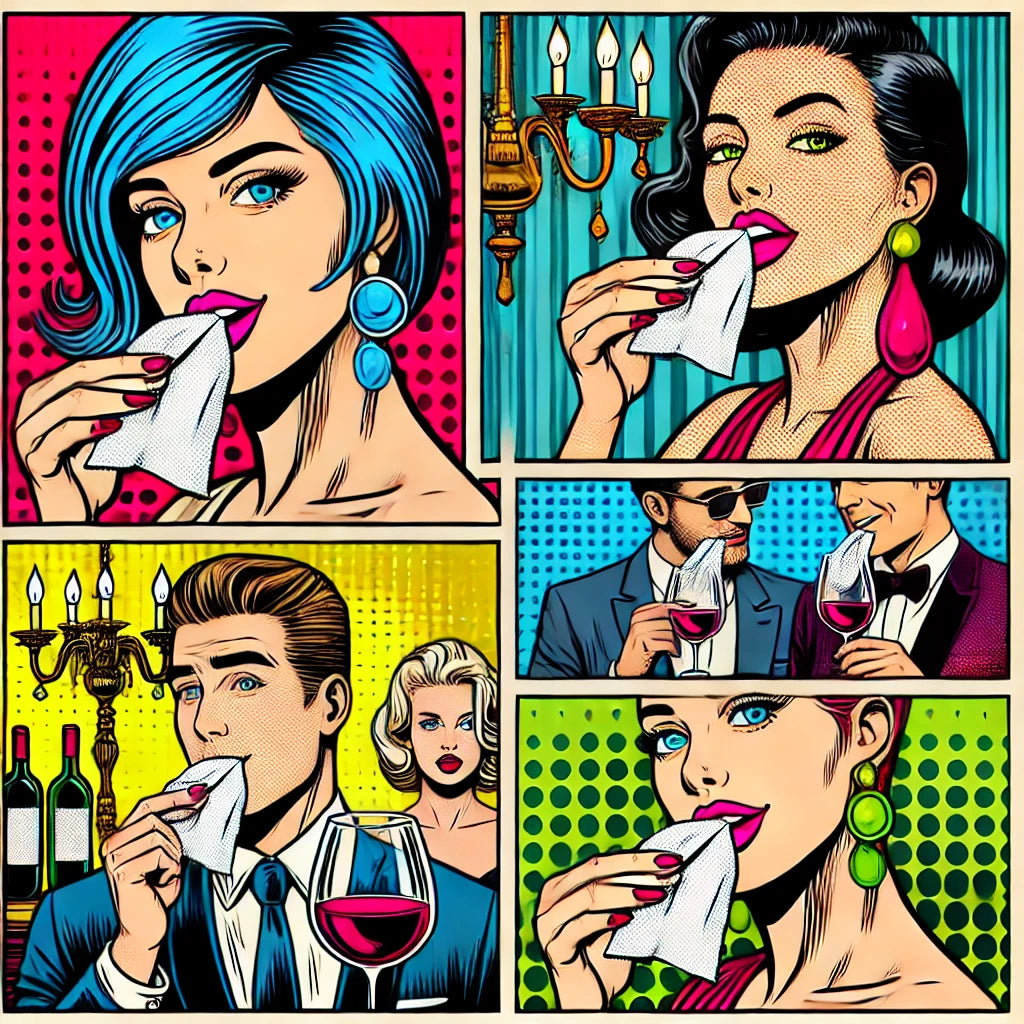 Pop art illustration of sophisticated individuals in a fancy setting using teeth wipes to remove red wine stains, showcasing the effectiveness of ‘sprkl’ teeth wipes.