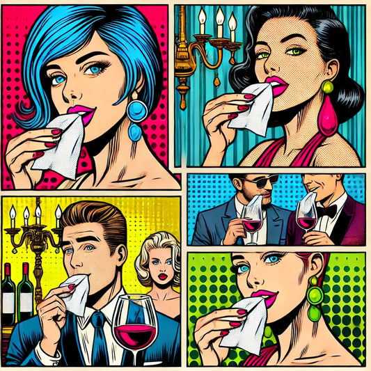 Pop art illustration of sophisticated individuals in a fancy setting using teeth wipes to remove red wine stains, showcasing the effectiveness of ‘sprkl’ teeth wipes.
