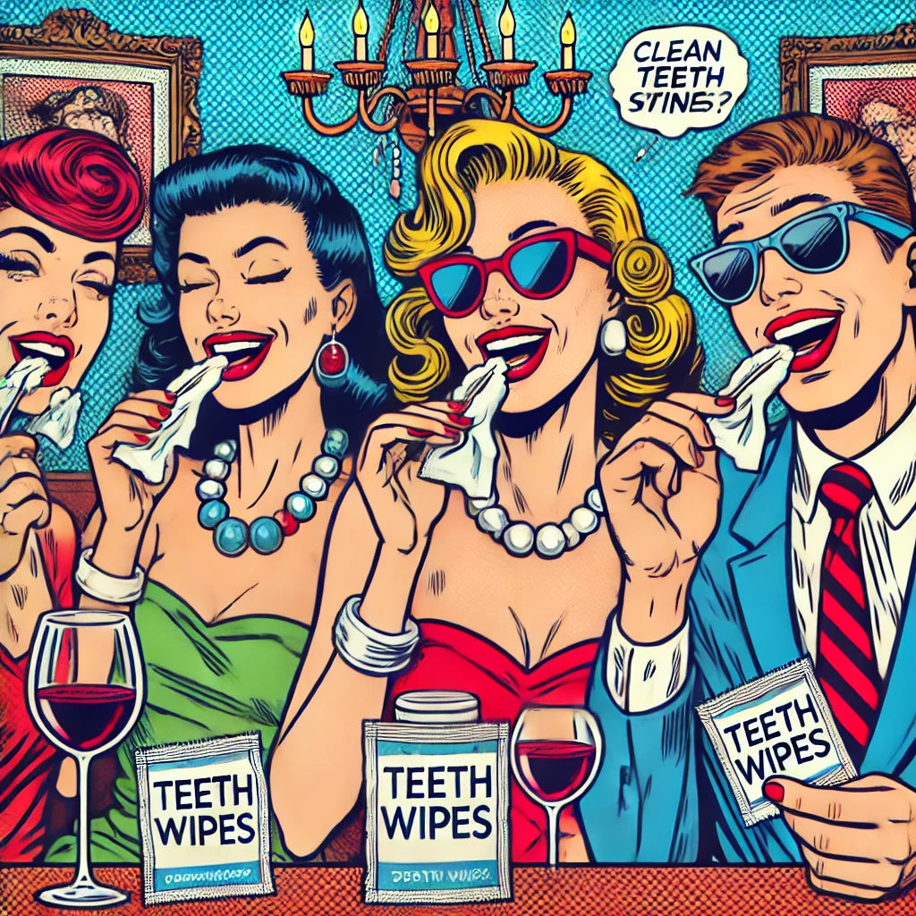 Vibrant pop art image featuring guests at a fancy event using ‘sprkl’ teeth wipes to erase red wine stains from their teeth.