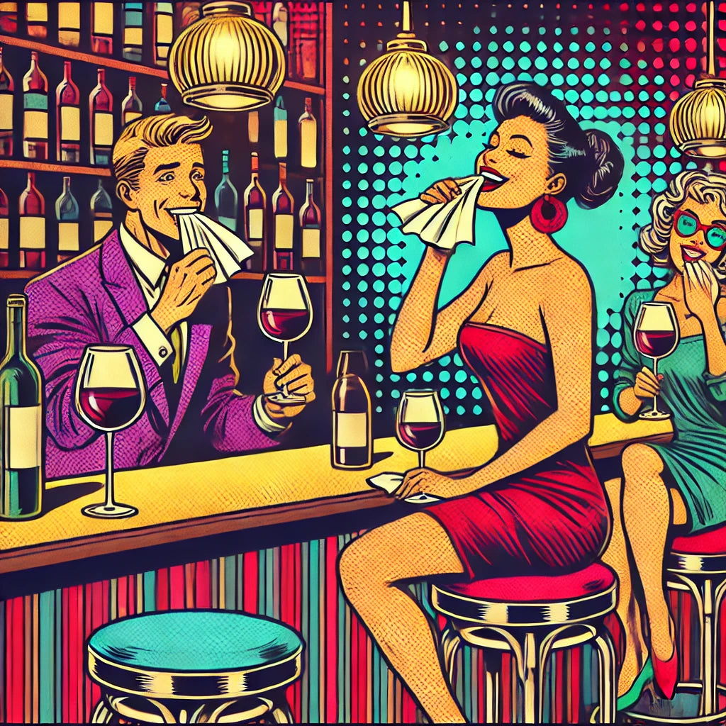 Comic-inspired pop art image of wine bar patrons using ‘sprkl’ teeth wipes to clear wine stains. The scene captures a sophisticated social vibe with bar elements like wine glasses and decorative lighting.